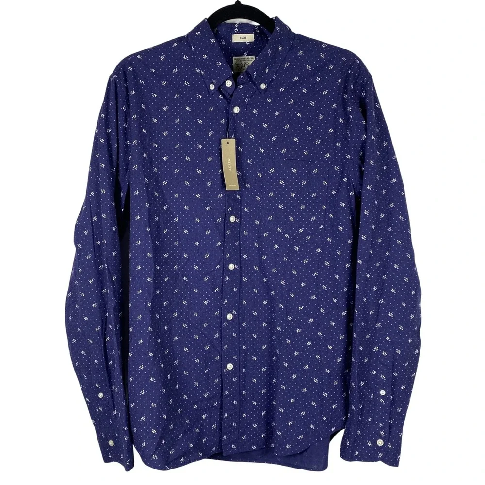 NWT J.Crew Slim Fit Button Down Shirt Navy w/ Leaf Print Organic‎ Cotton Men M